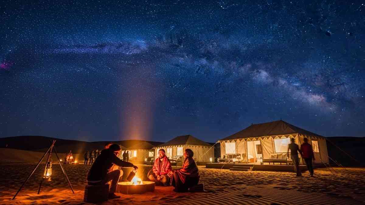Desert campsite with tents and people sitting near fire under stars