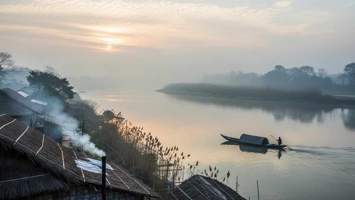 Quiet riverbank village and traditional boat life in Majuli, Assam, reflecting calm January travel destinations in North East India