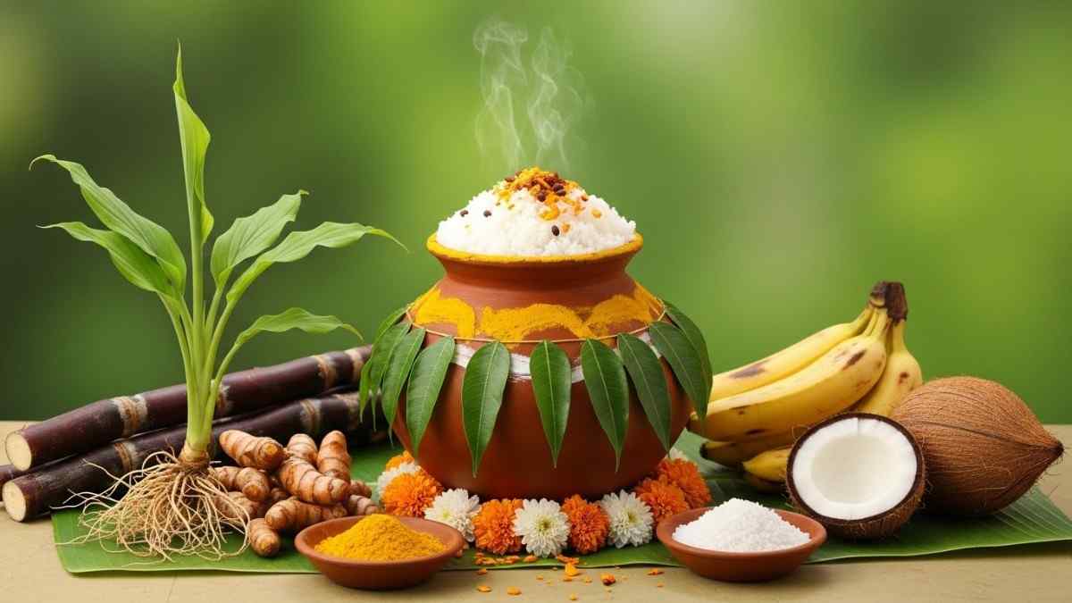 Traditional Pongal harvest ritual with decorated pot and fresh produce, a major January festival in India