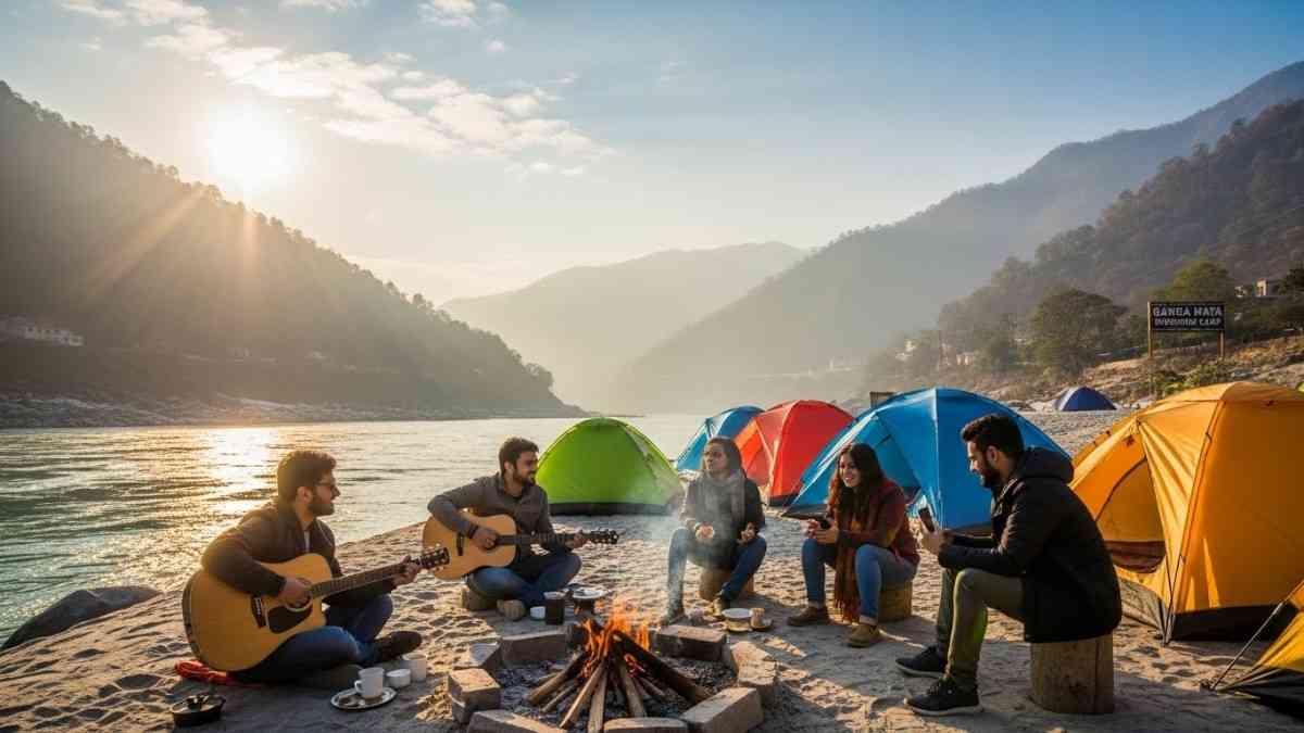 Riverside campsite with friends playing guitar beside tents in winter