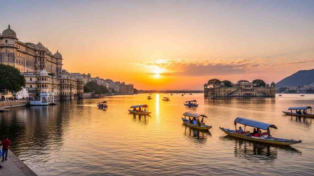 Lake with boats and palaces at sunset, places to visit in February in India