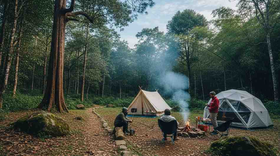 Forest campsite with tents and campers sitting around a small fire