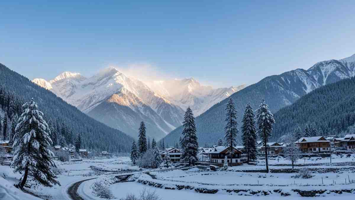 Snow-covered village surrounded by pine forests and mountains, highlighting Winter Destinations in India for a scenic and peaceful January getaway