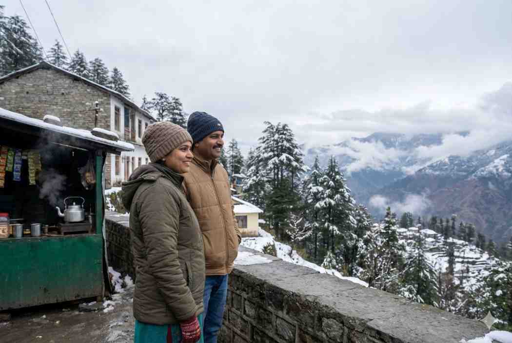 Couple enjoying mountain views during a peaceful winter getaway