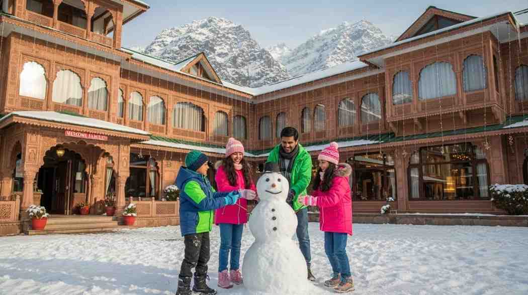 Family building a snowman outside a heritage hotel during winter vacations
