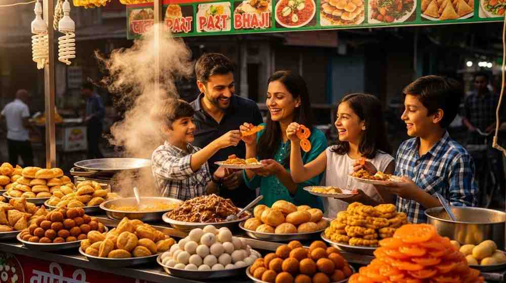 Family enjoying local street food together at a busy evening market