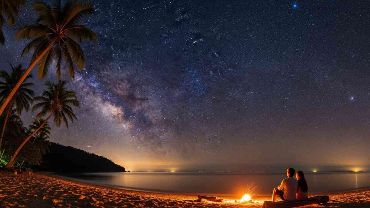 Couple sitting on beach near fire watching stars over calm sea