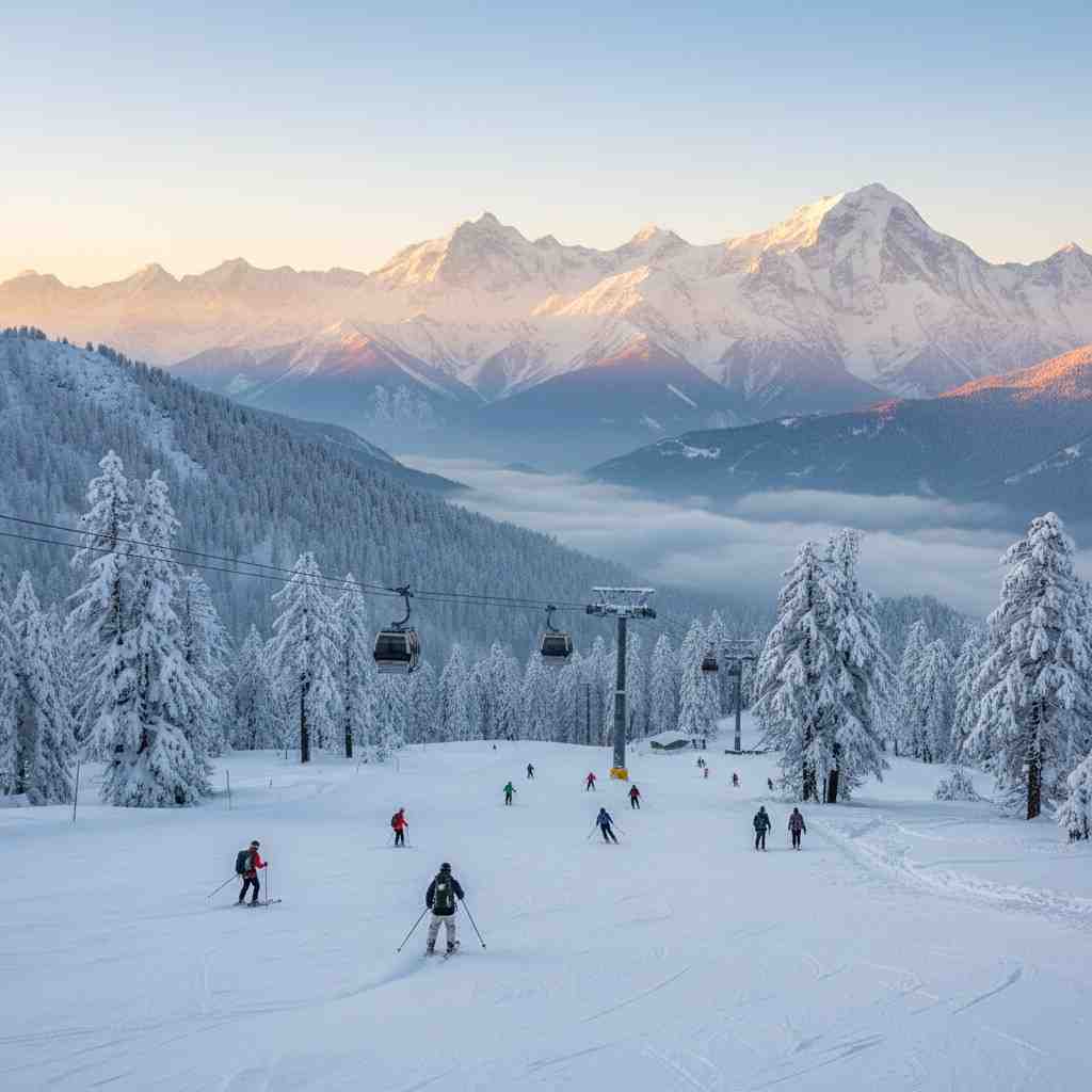 Skiers descending snowy slopes at one of best hill stations in India Towno