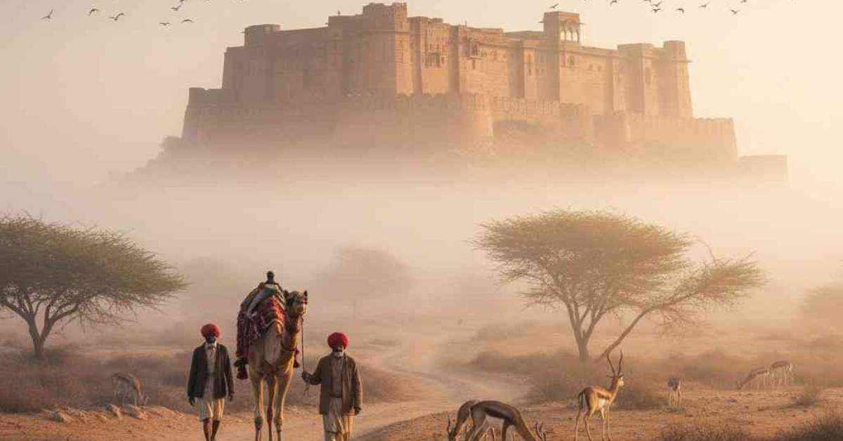 Local guides leading camel past deer toward desert fort at Towno