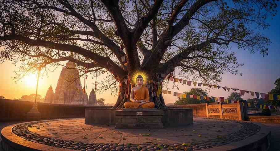Buddha statue under sacred tree at spiritual places in india Towno