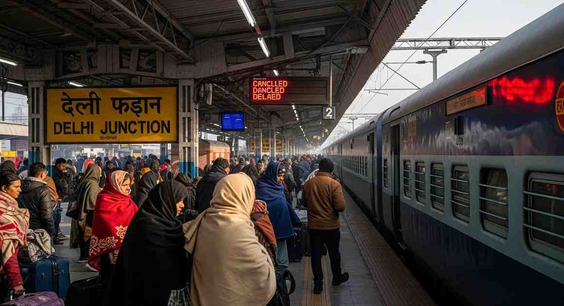Crowded Delhi Junction platform with delayed trains and waiting passengers by towno