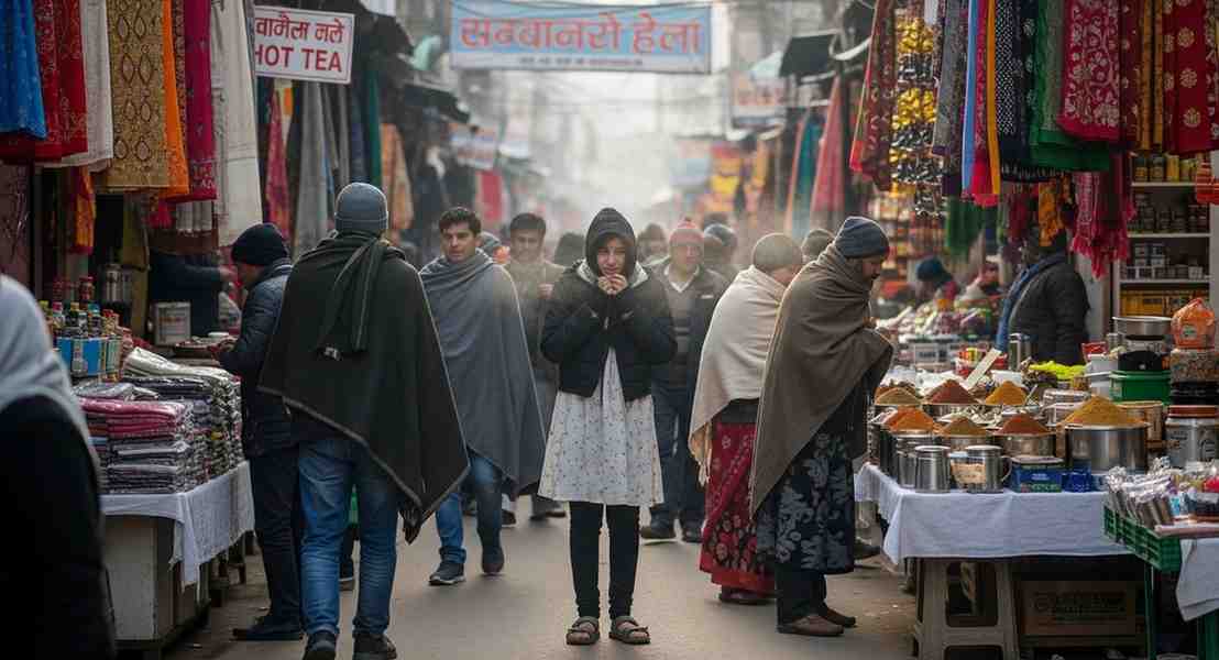 Shoppers walking through winter market wrapped in warm shawls