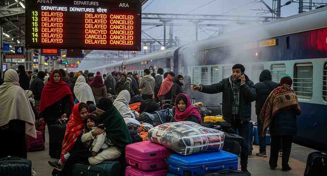 Passengers sitting with luggage beside delayed trains during winter travel - towno