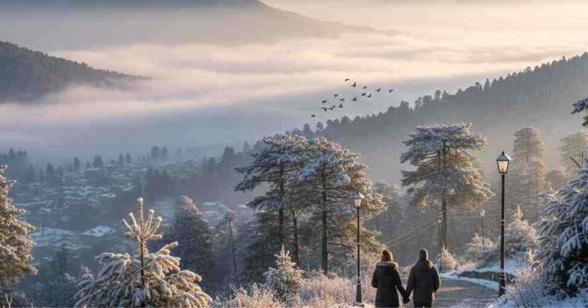 Couple walking snowy pathway overlooking valley at top hill stations in India Towno