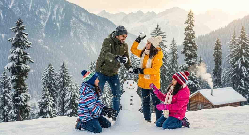 Family building snowman in snowy mountains during winter vacation for kids by towno