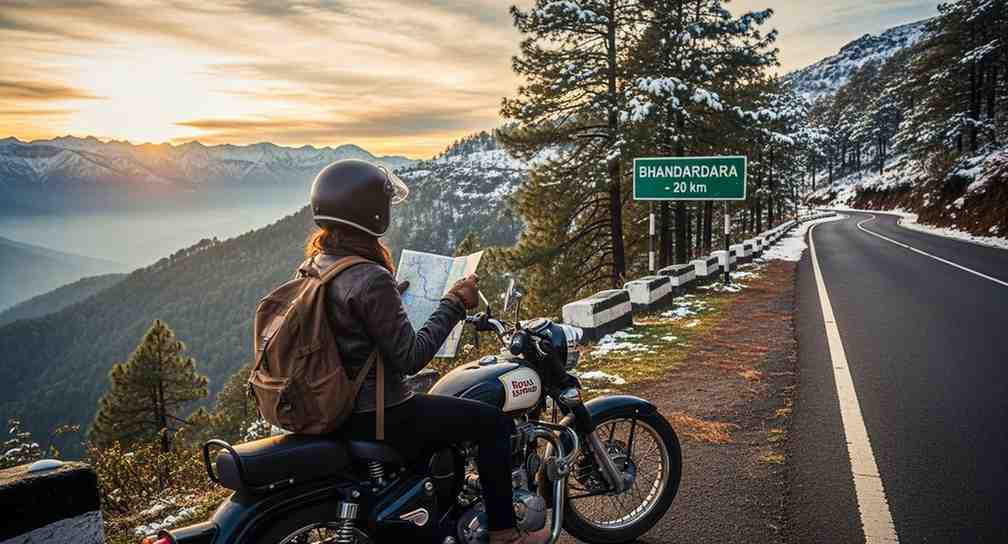 Solo rider checking map along quiet highway during solo road trip in winter Towno