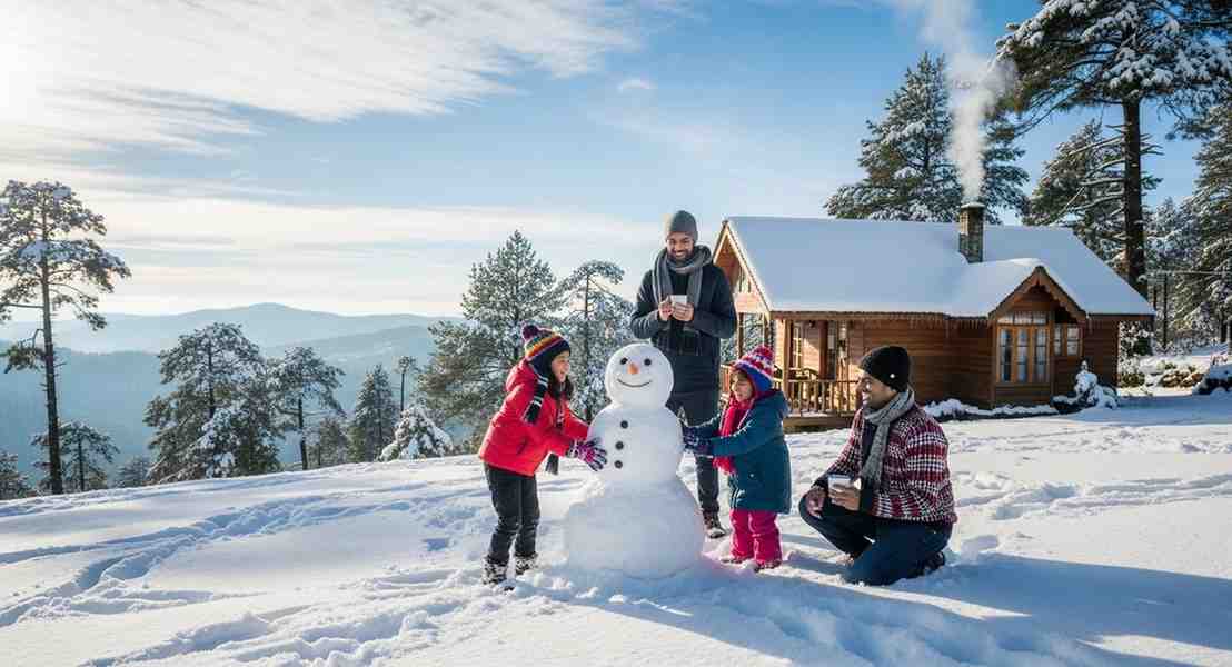 Children shaping snowman near wooden cabin in snowy winter vacation places by towno