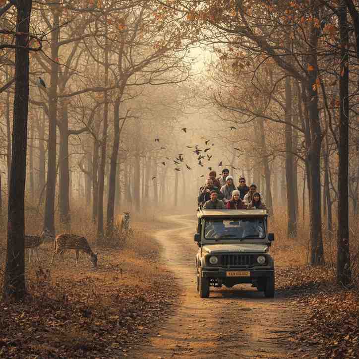 Tourists riding open jeep through woodland trail during winter safari with birds Towno