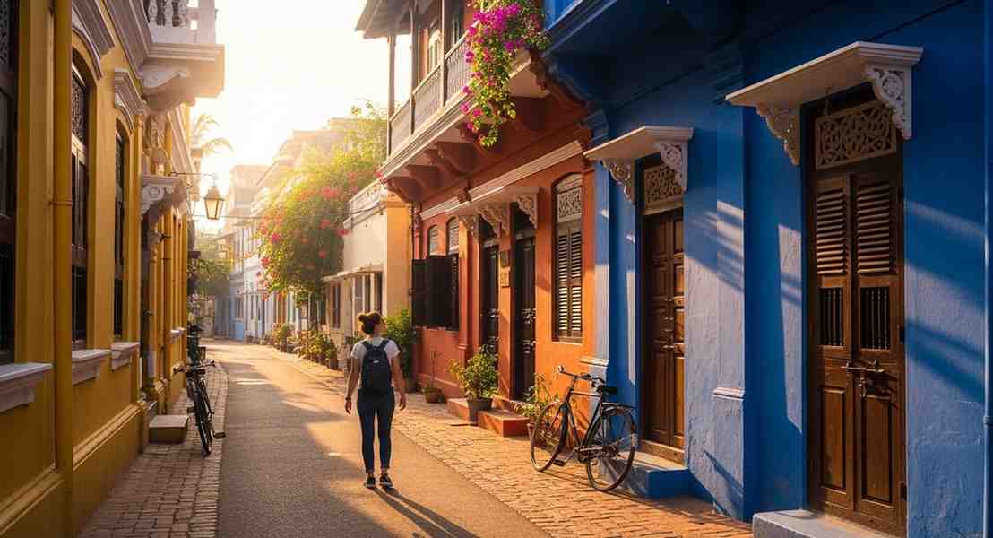 Backpacker walking colorful street in solo travelling destinations in India Towno