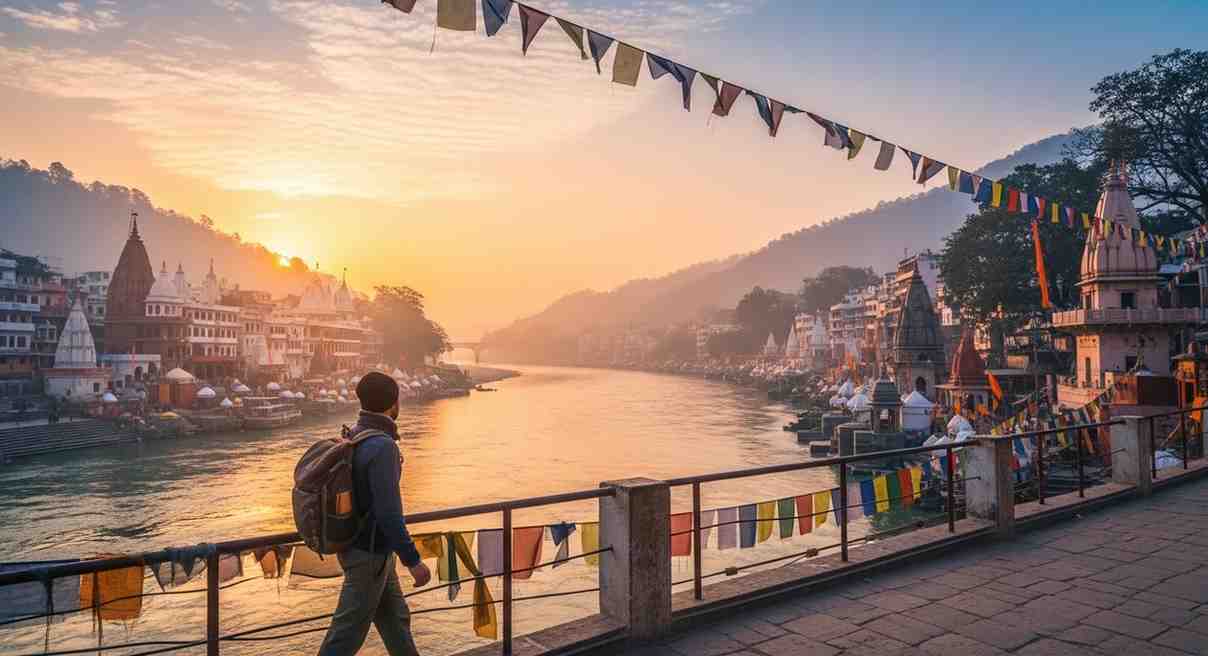 Backpacker walking riverside at sunrise while travel solo in India Towno