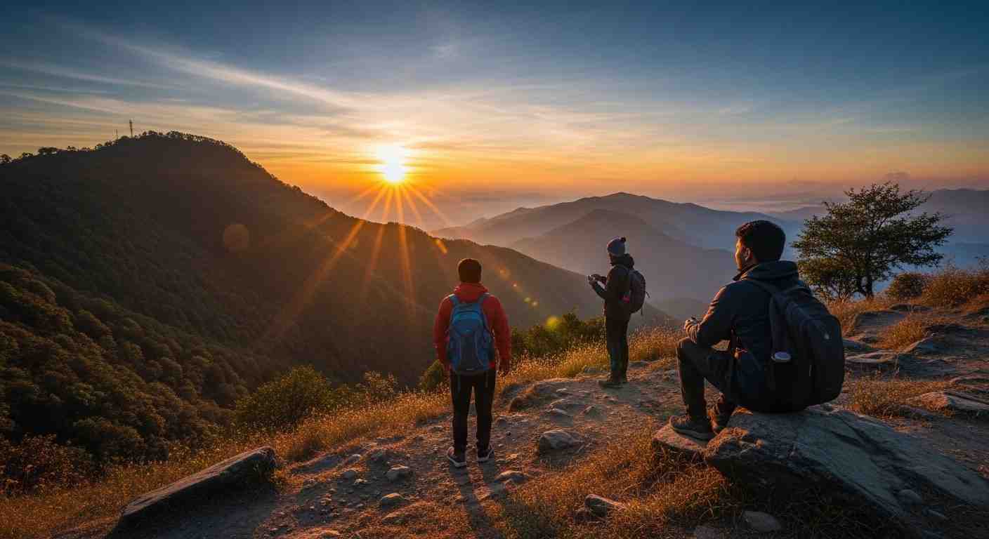 Hikers watching sunrise in India over layered mountain peaks with Towno