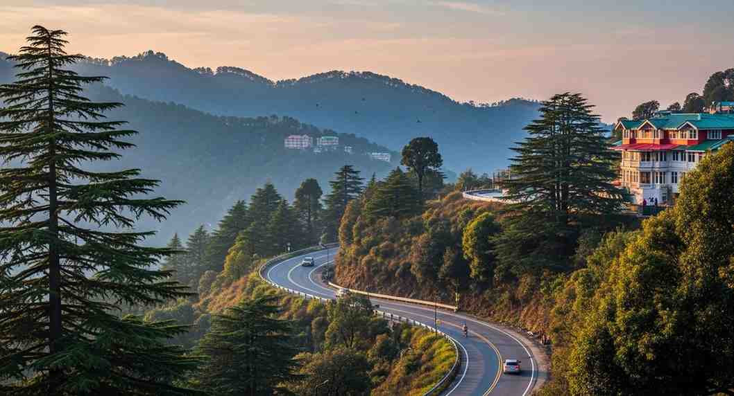 Scenic hill road winding through mountains during winter solo trip India Towno