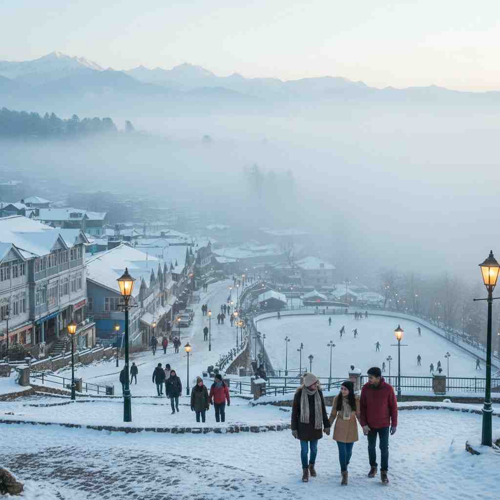People strolling through snowy town square at best hill stations to visit in India Towno