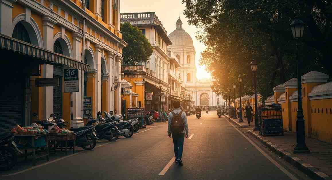 Backpacker walking quiet street at sunrise following tips for solo travellers Towno