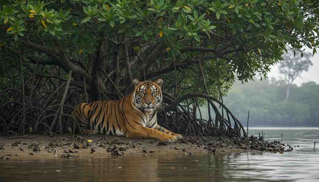 Tiger resting near mangrove roots beside calm river in wildlife destinations in India Towno