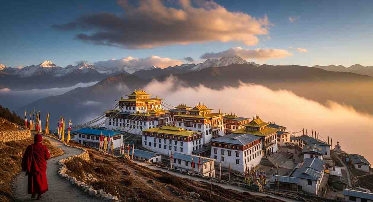Monk walking toward mountain monastery among winter spiritual destinations Towno