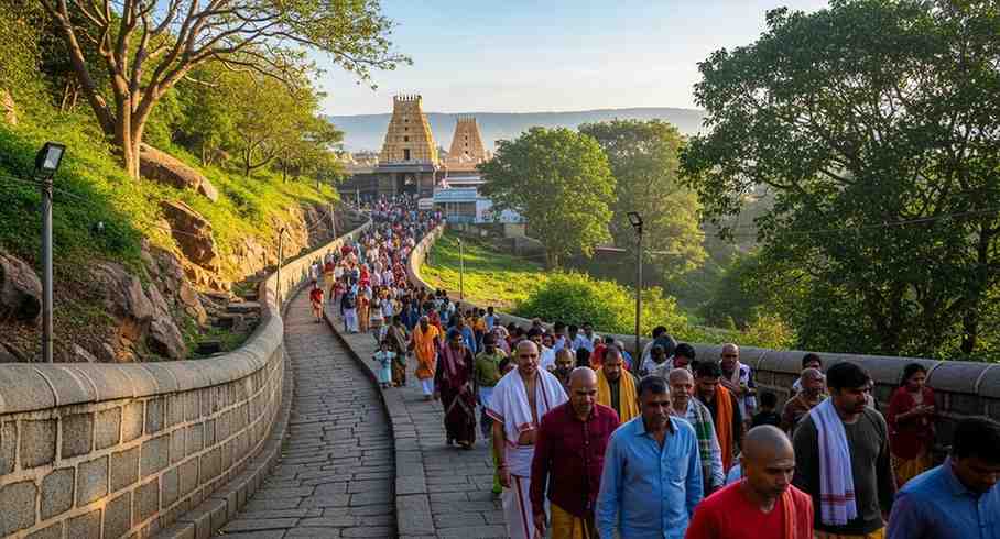 Devotees walking along temple pathway at religious places in india Towno