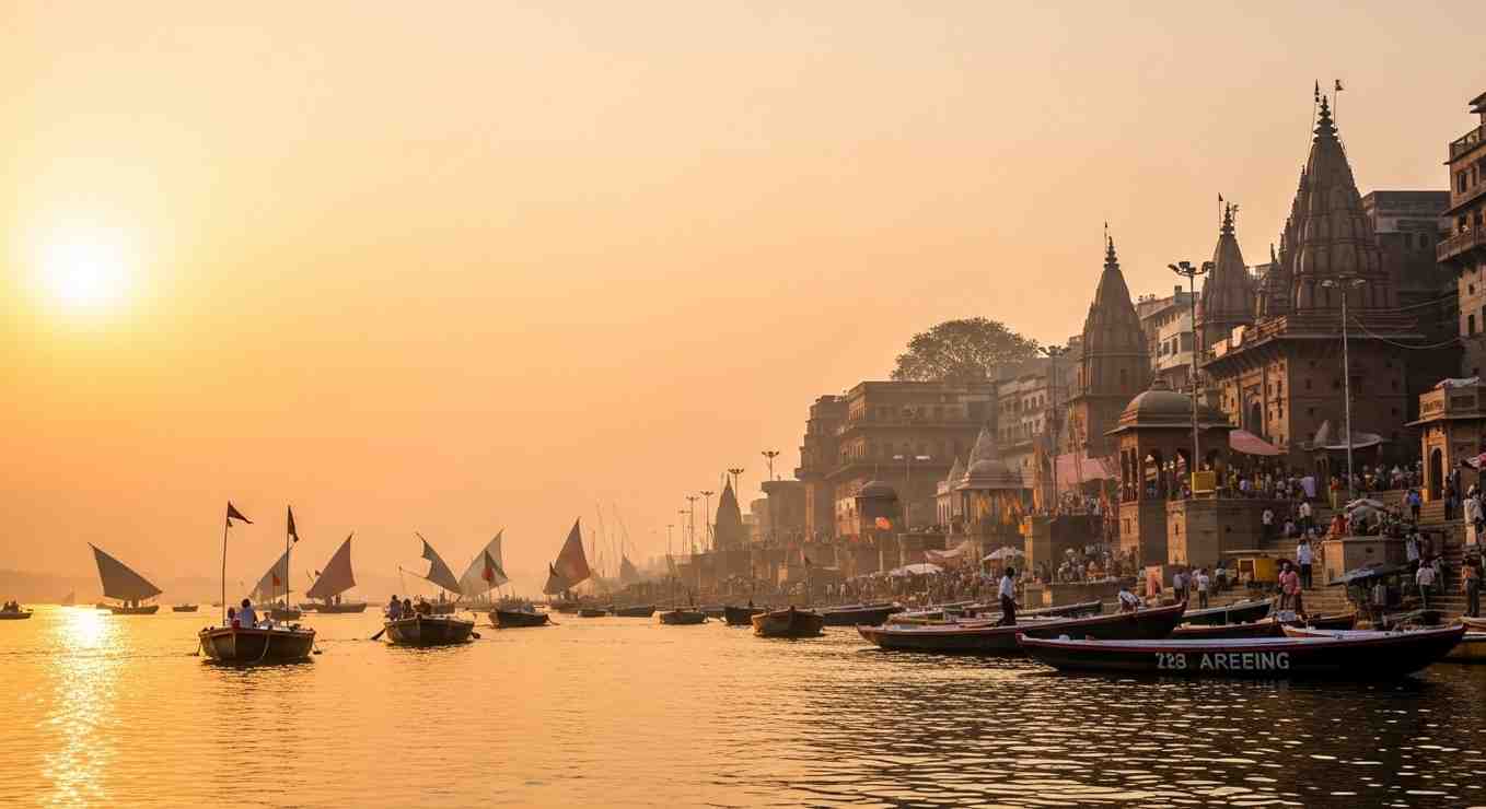 Boats floating on river during sunset at spiritual destinations in india Towno