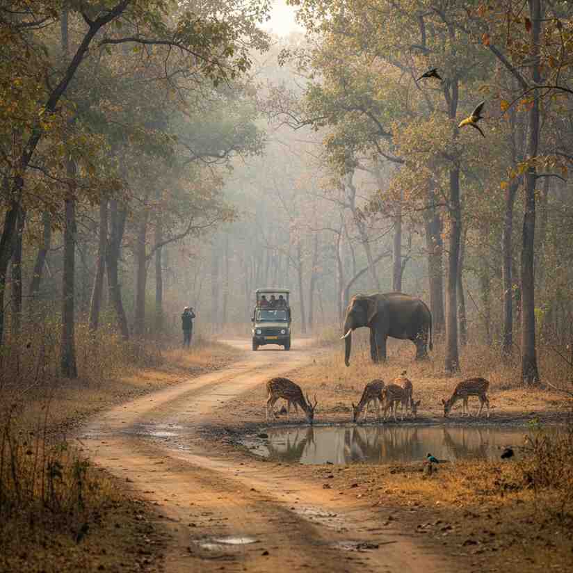Jeep safari passing forest road with deer and elephant at best wildlife sanctuary in India Towno