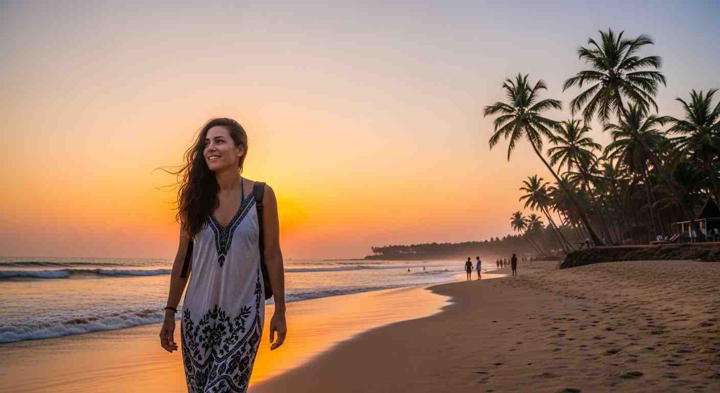 Woman walking along beach at sunset while travel solo in India Towno