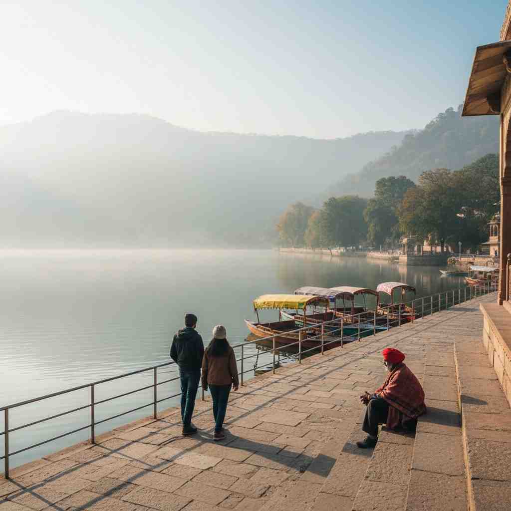 Couple walking beside calm lake with colorful boats at Towno