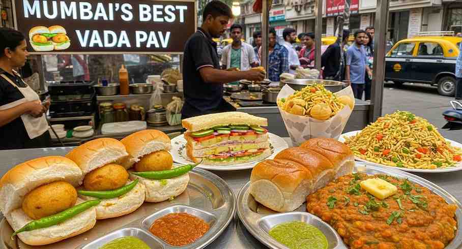 Vada pav and street snacks displayed at a busy Mumbai stall by towno