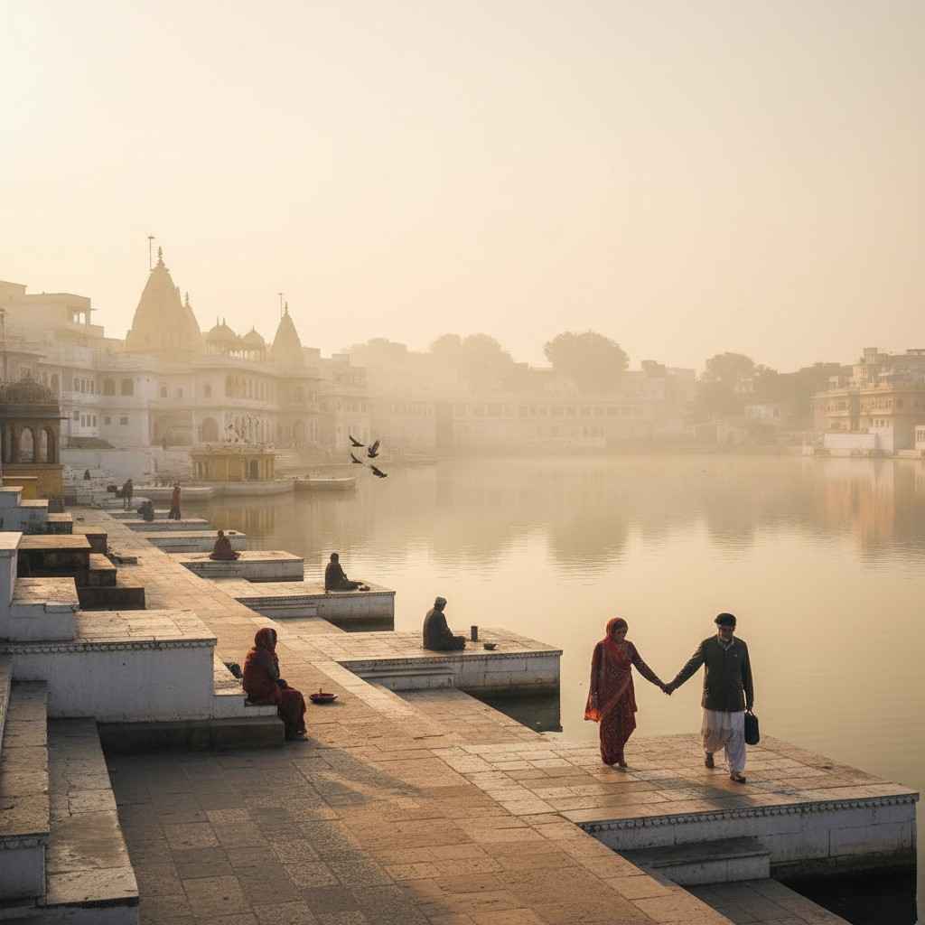 People sitting on stone steps beside misty lake at Towno
