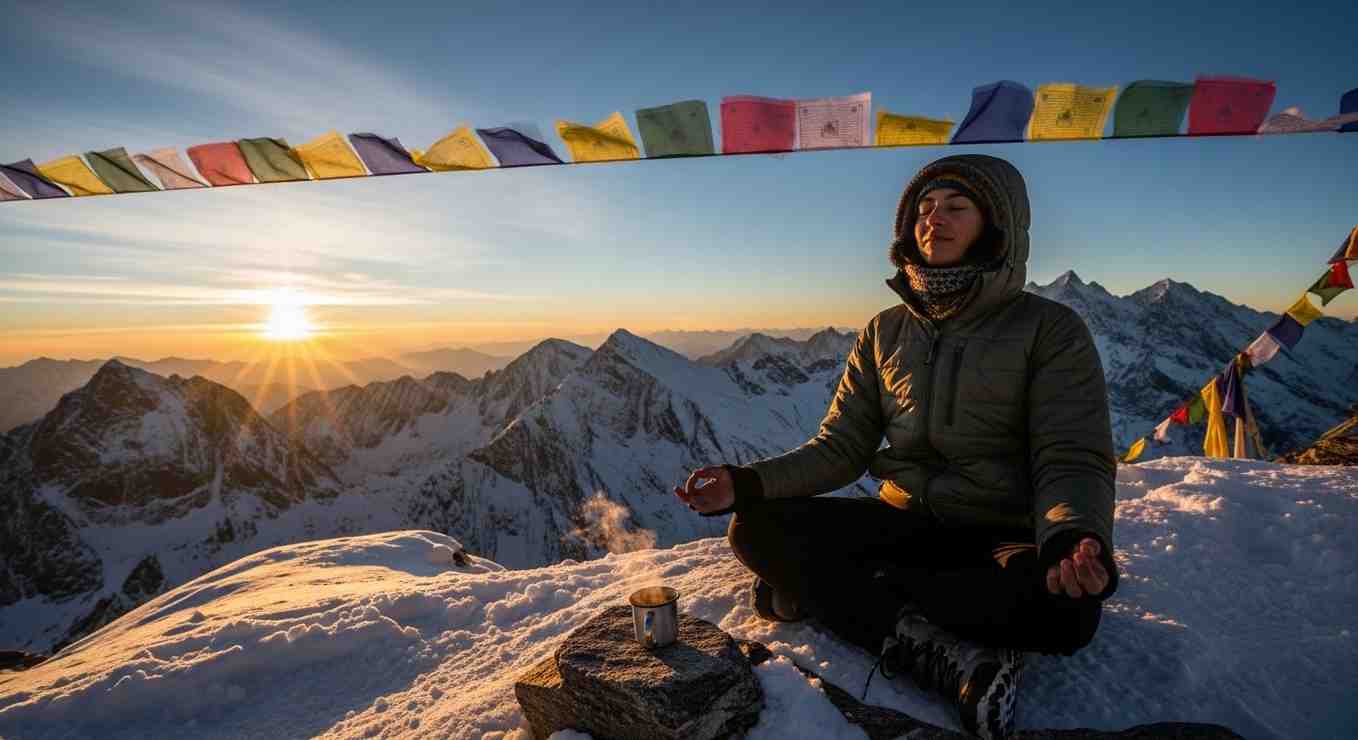 Solo traveller meditating on snowy mountain peak during winter solo travel tips Towno