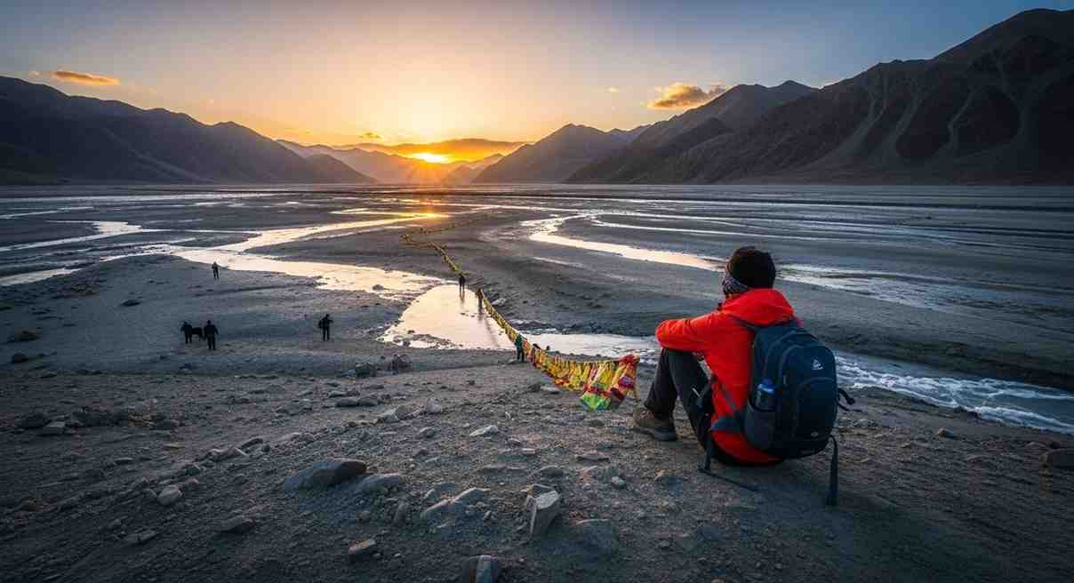 Traveler sitting beside valley river at one of sunrise places in India Towno