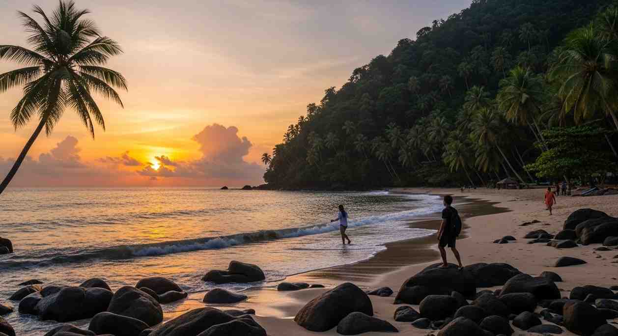 People walking along quiet beach as sun rises behind palm trees Towno