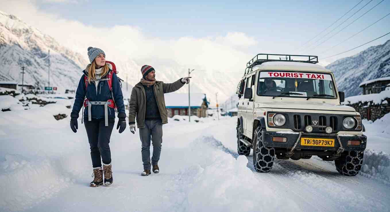 Travellers walking beside snowy road near taxi highlighting solo travel safety tips Towno